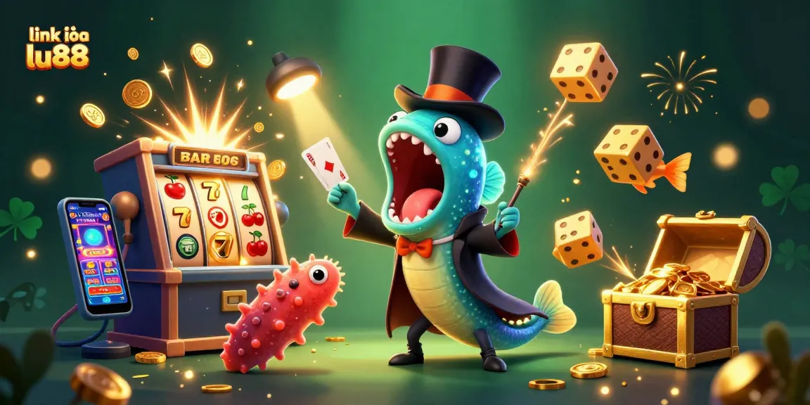 Experience the magic with link vào lu88 as a bioluminescent eel performs card tricks amidst a slot machine jackpot.