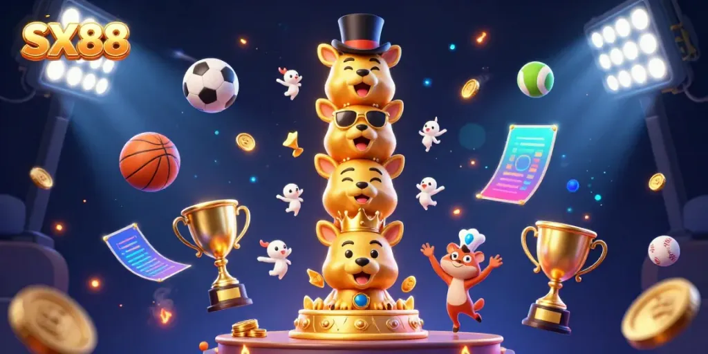 SX88 engages players with lively casino-themed elements and vibrant characters in a dynamic 3D illustration.