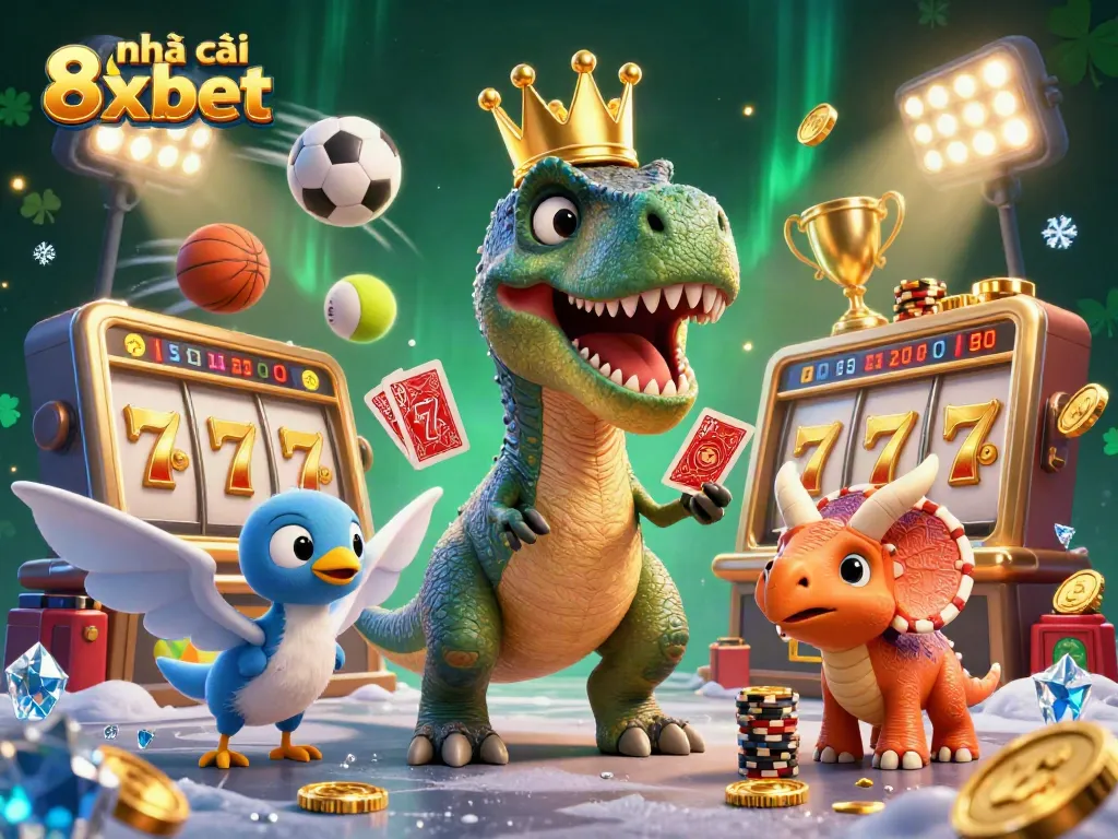 Engage with the dynamic world of nhà cái 8xbet as a T-Rex shuffles cards with help from friends amidst a rich casino scene.