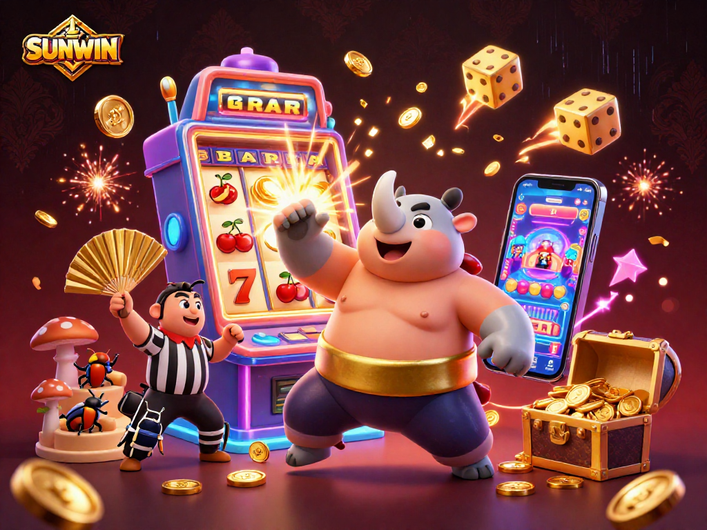 SUNWIN champions a jackpot explosion in a vibrant casino scene with beetle characters celebrating.