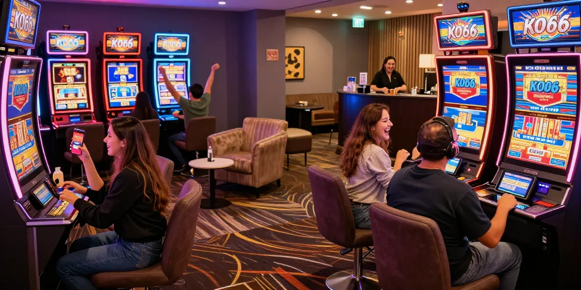 Exciting KO66 gaming lounge scene with players enjoying mobile app on devices amidst vibrant slot machines.