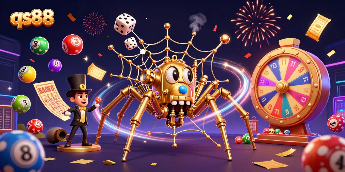 Engage with qs88 and enjoy a captivating scene of a steampunk spider catching dice amid colorful lottery elements.