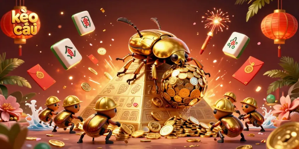 Kèo nhà cái showcases a golden beetle rolling coins, symbolizing online betting excitement.