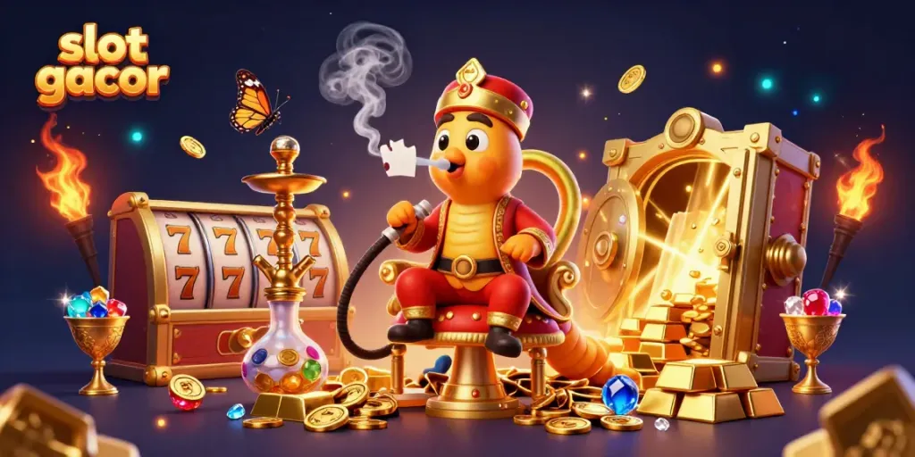 Experience thrilling slot gacor action with a vibrant illustration featuring rich casino elements and characters.