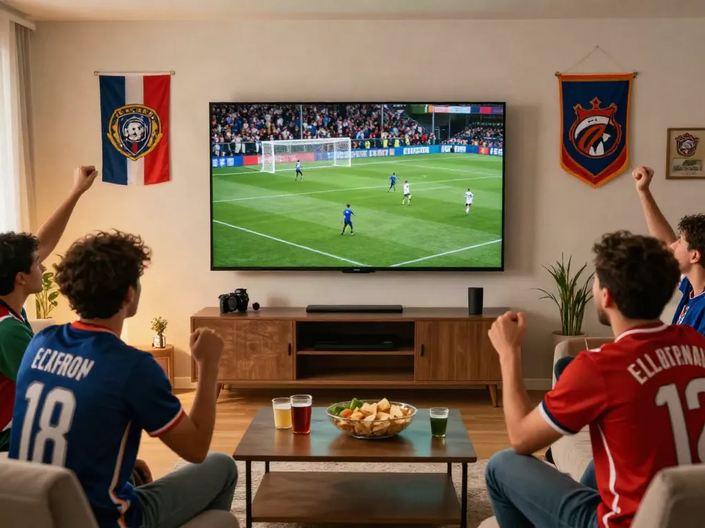 Friends cheering while watching a live match at https://cakhiatv.team/, creating a vibrant football atmosphere.
