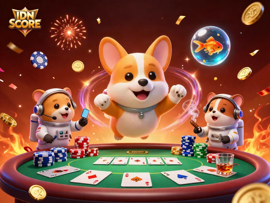IDNSCORE brings excitement as a cartoon corgi faces gambling challenges in a vibrant casino.