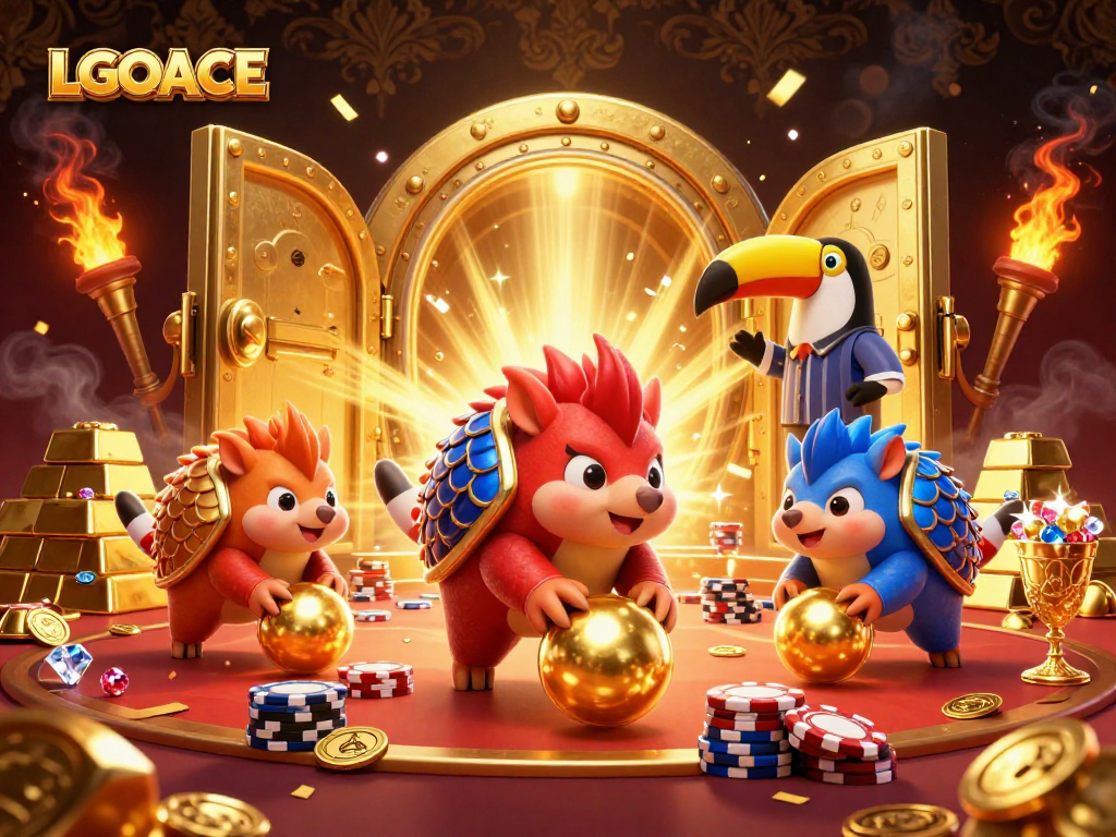 LGOACE showcases a vibrant 3D illustration of rival pangolins bowling through poker chips in a dynamic casino scene.