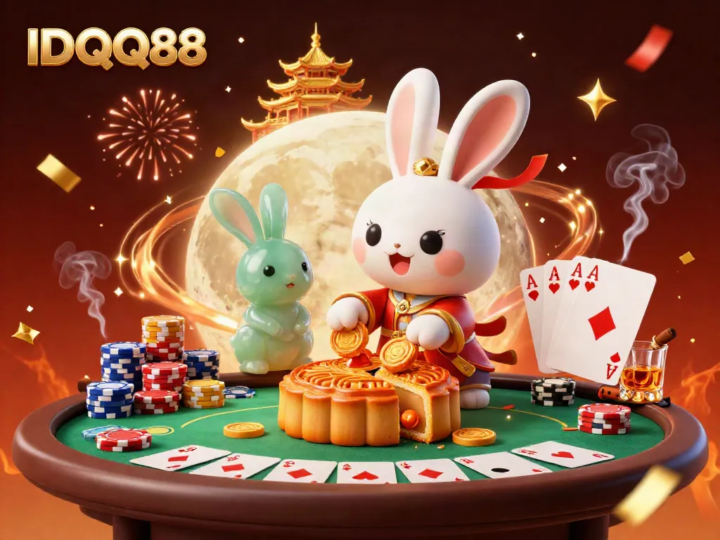 Celebrate with IDQQ88 as the moon rabbit reveals poker chips from golden mooncakes.