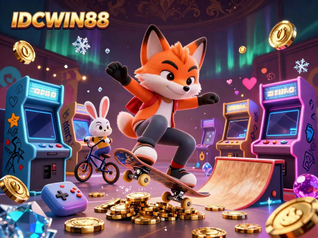Experience thrilling gameplay with IDCWIN88 as a fox and rabbit showcase dynamic stunts in a vibrant casino setting.