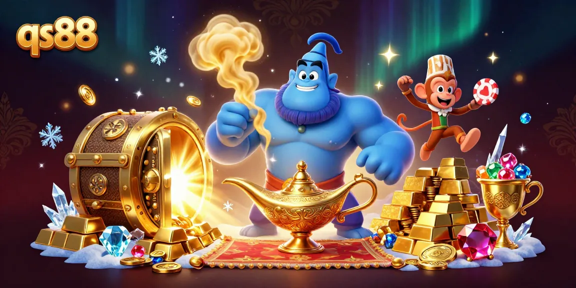 Experience the thrill of qs88 with a vibrant 3D casino scene featuring a genie, monkey, and magic carpet!