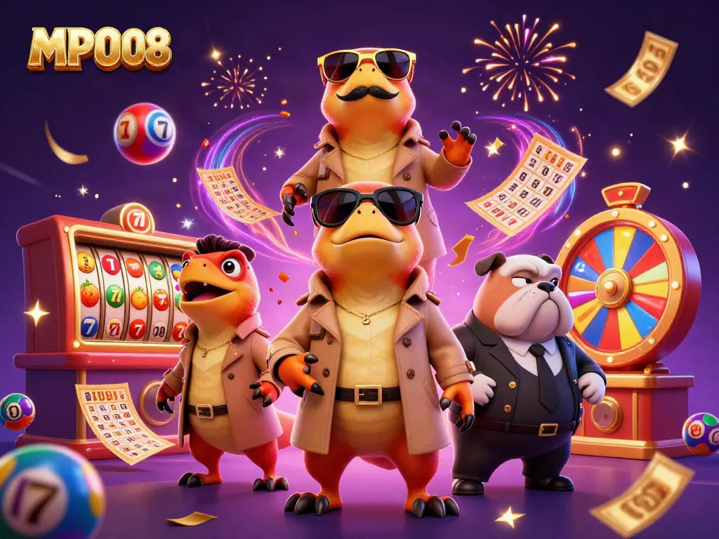 MPO08 engages players with vibrant lottery and slot elements in a dynamic casino scene.