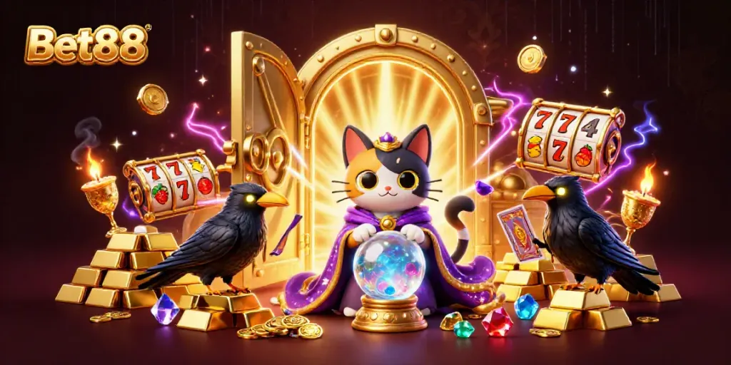 Experience the thrill of Bet88 with magical 3D casino elements, combining fortune tellers and treasures.