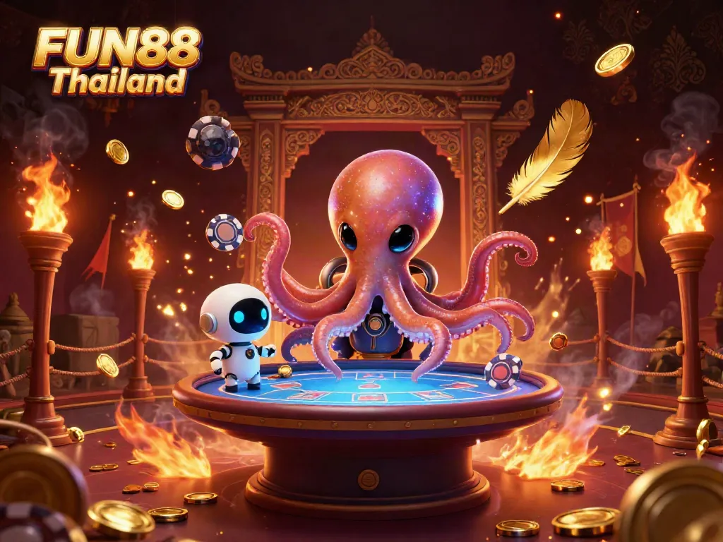 Experience thrilling gameplay with FUN88 Thailand featuring a vibrant alien octopus at a poker table.