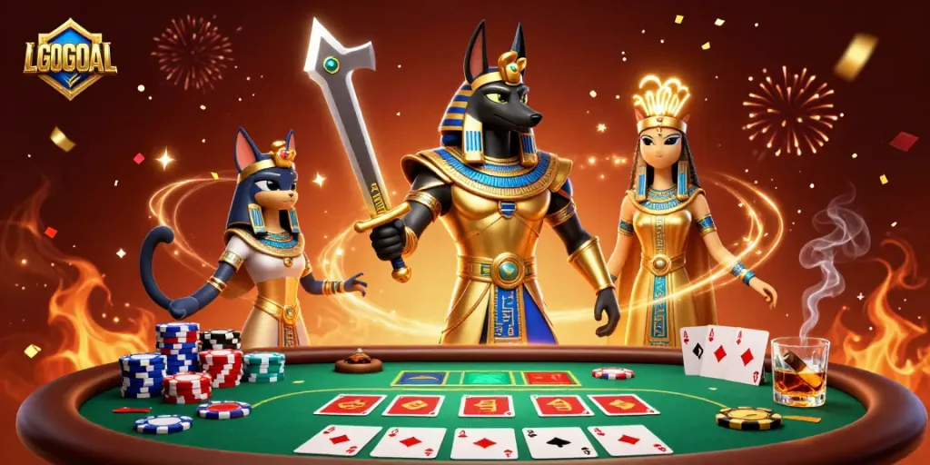 Experience the thrill of LGOGOAL with Anubis at a vibrant poker table amidst dazzling effects.