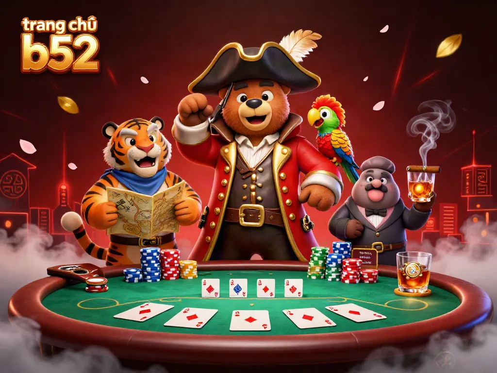 Engage at trang chủ b52 with an exciting scene of a pirate bear, tiger, and parrot sharing a poker game