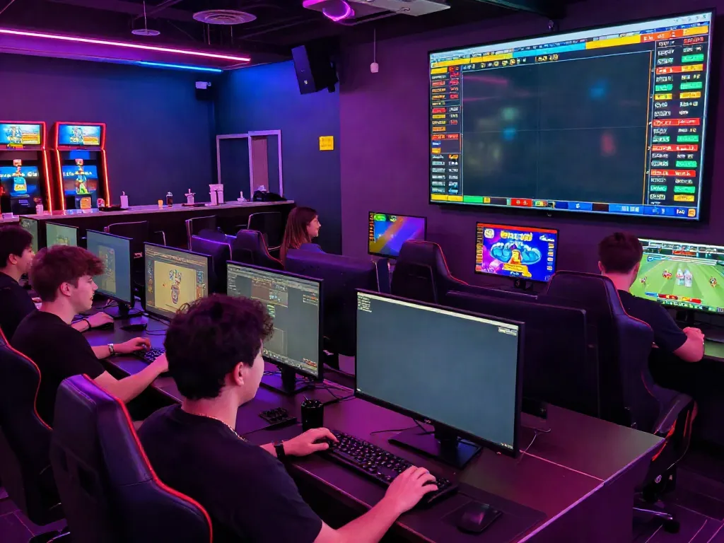 Exciting gaming lounge scene showcasing players engaging with net88 online casino games.