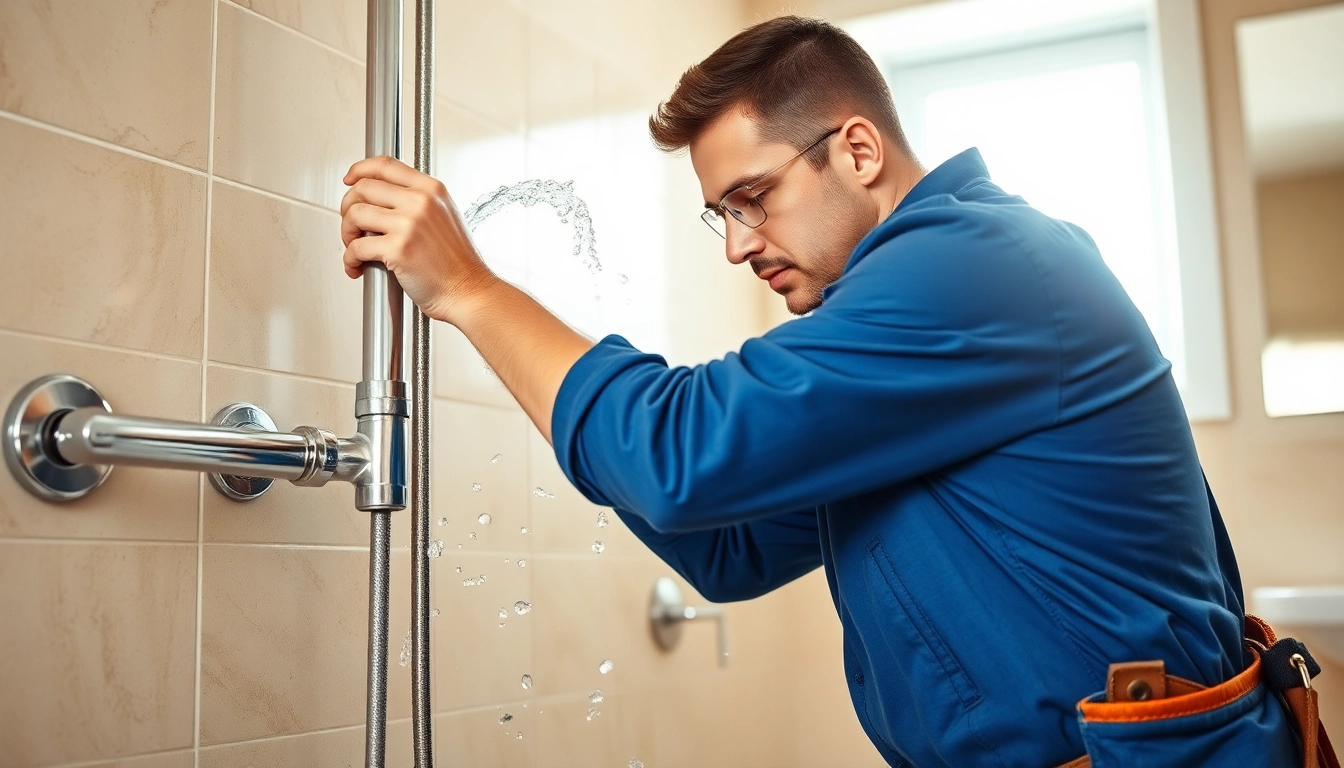 Experienced plumber near me repairing a leak in a modern bathroom setting.