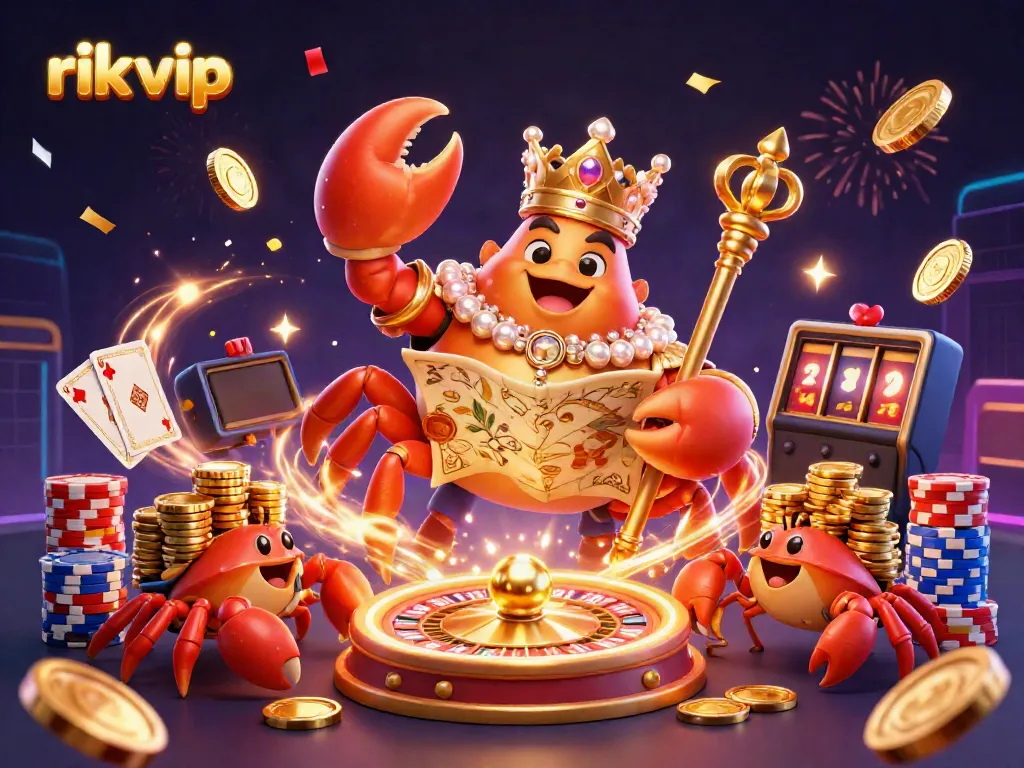 Engaging scene of rik vip featuring a golden crab emperor among celebratory casino elements, showcasing excitement and riches.