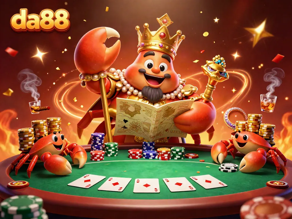 Experience captivating gameplay at da88 with a golden crab emperor in a vibrant casino scene.
