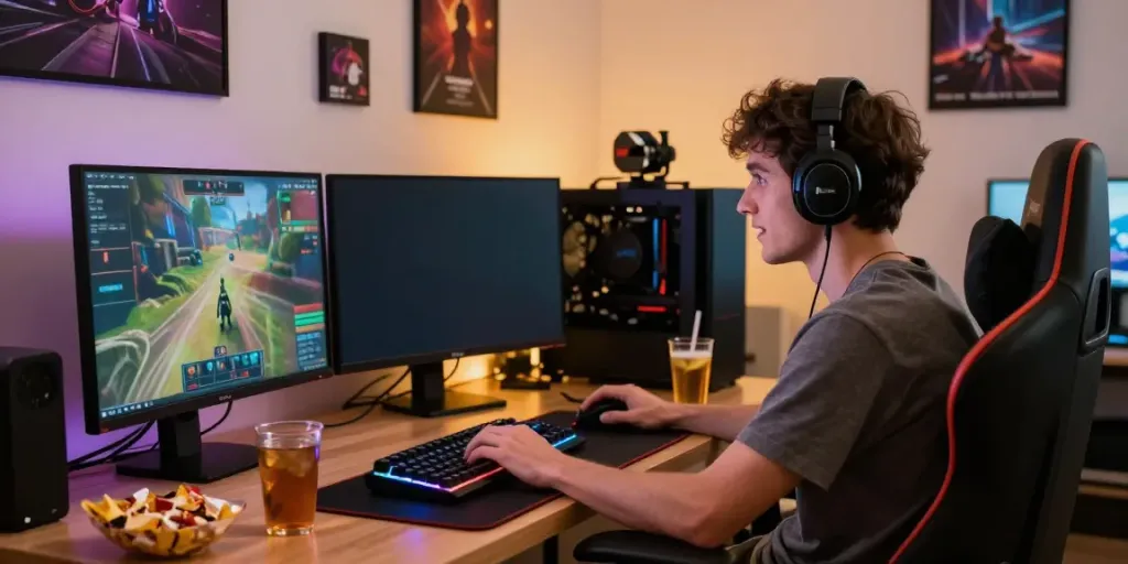 Engaged young man playing games at home with vibrant setups, showcasing manclub gaming.