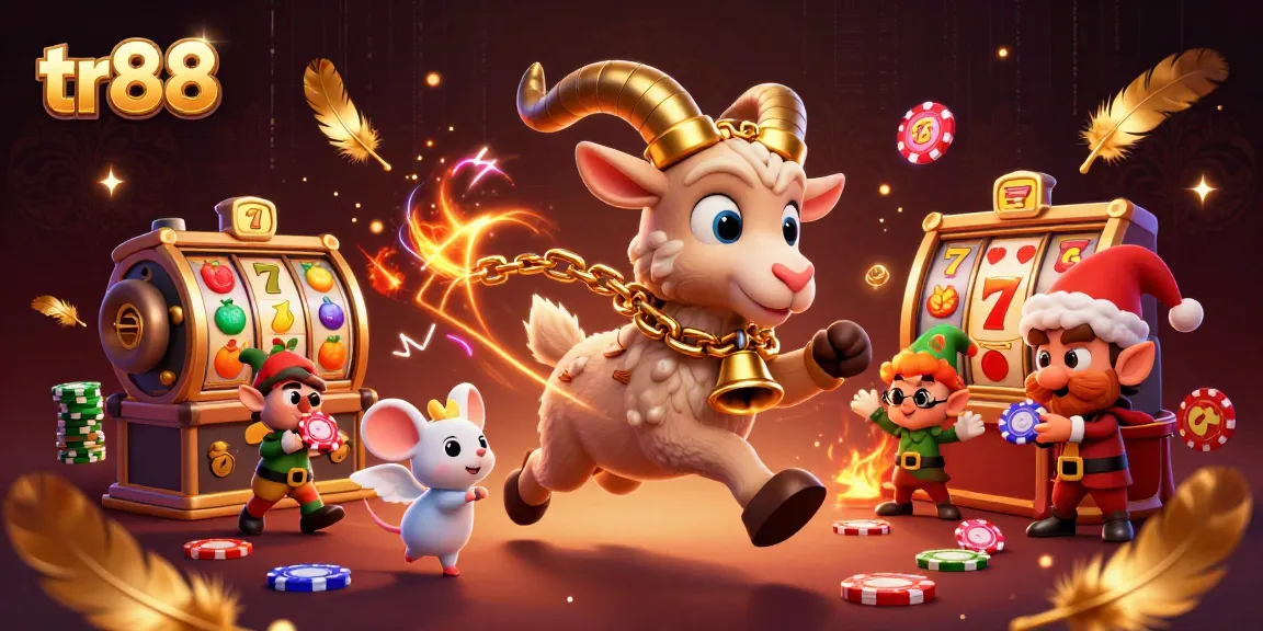 Engage in thrilling gameplay at tr88 with vibrant casino elements featuring cartoon Krampus, a tiny mouse, and elf gremlins.
