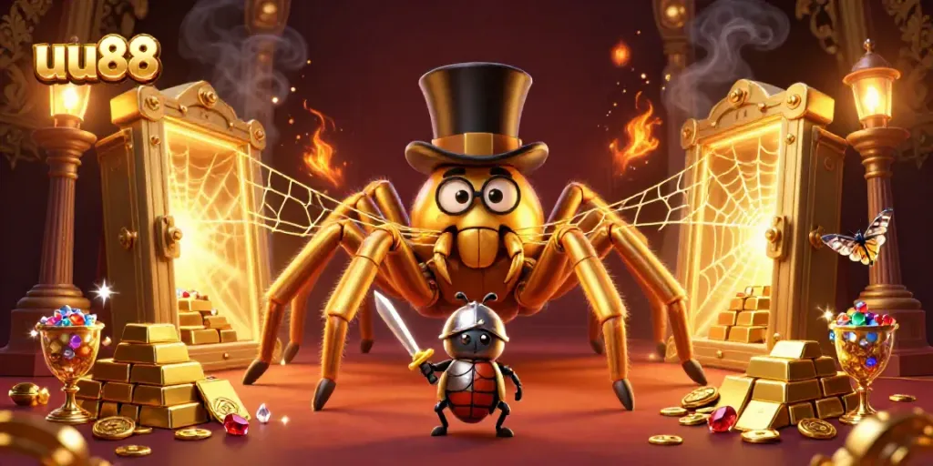 Engage with the vibrant ambiance of uu88, featuring a golden tarantula and brave beetle knight amidst casino treasures.