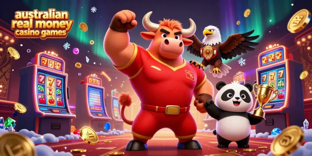 Experience the excitement of australian real money casino games with vibrant characters celebrating wins amid dynamic slot machine elements.