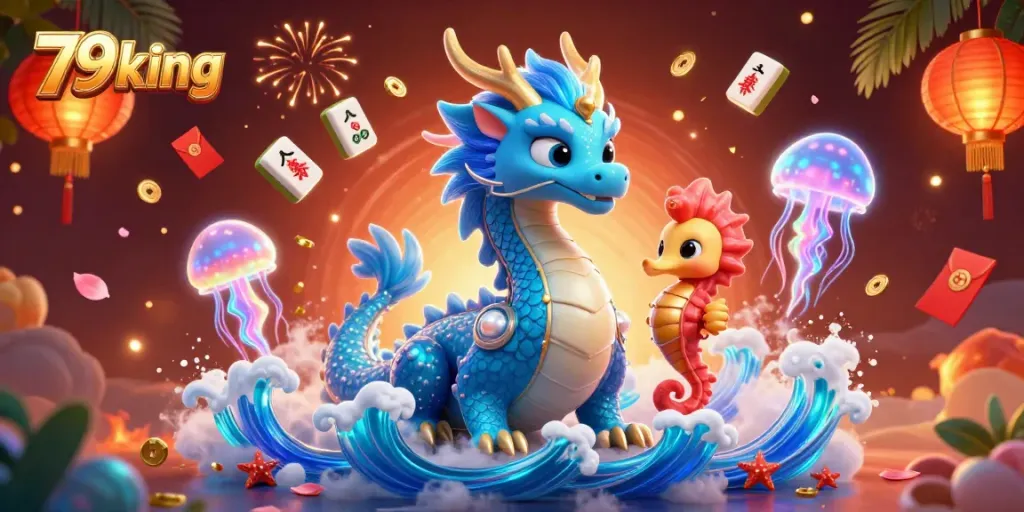 Experience the excitement of 79king with a vibrant 3D dragon and fantasy elements in a dynamic casino scene.