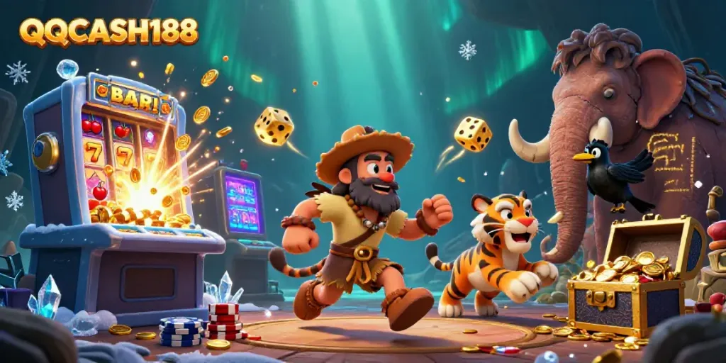 Experience the excitement of QQCASH188 in a lively, prehistoric casino scene with caveman and tiger characters.