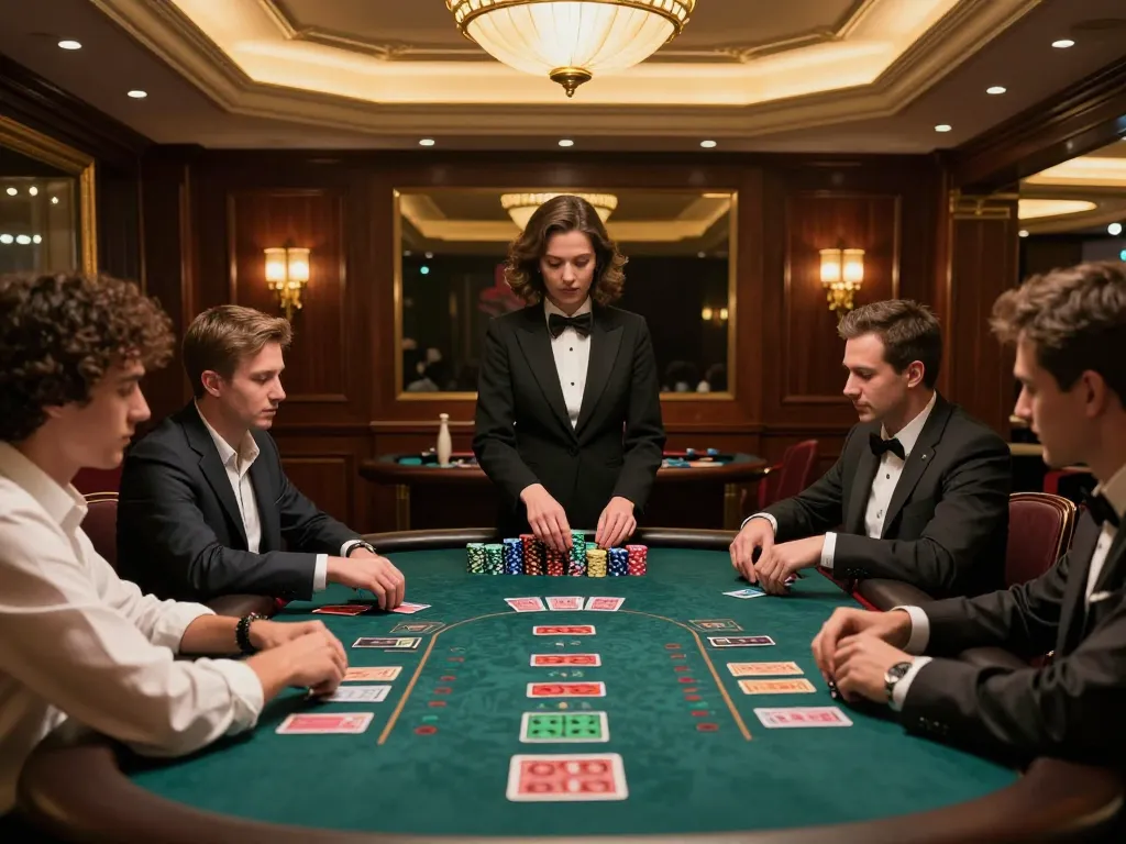 Players strategizing a blackjack game at an upscale casino table, highlighting intense gameplay and dynamic j88 action.
