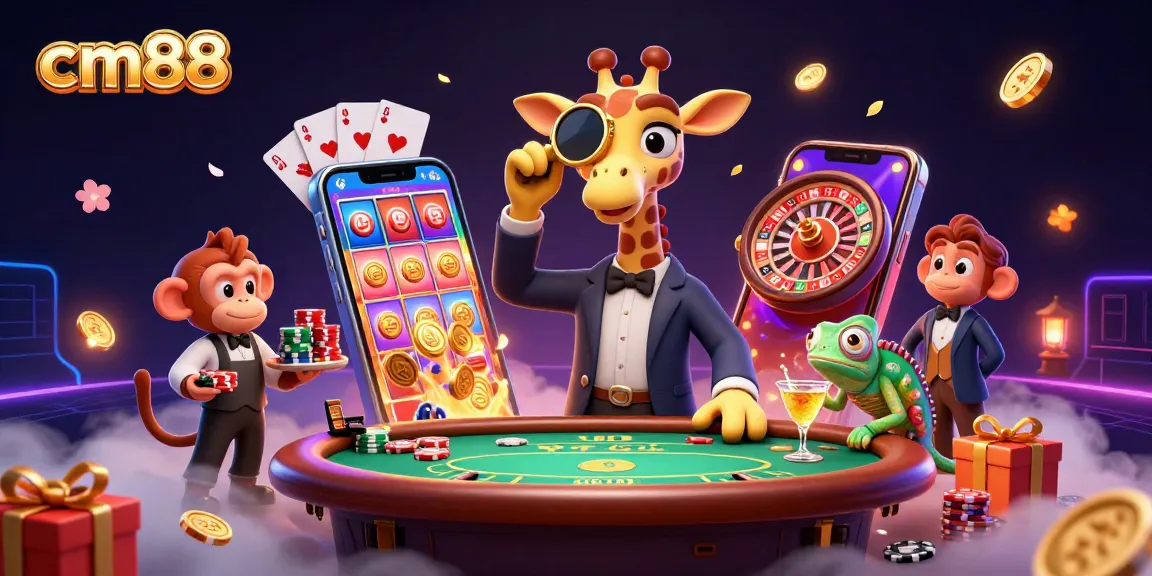 Engage with cm88 through vibrant 3D illustration featuring a giraffe at a casino table, surrounded by lively characters and games.