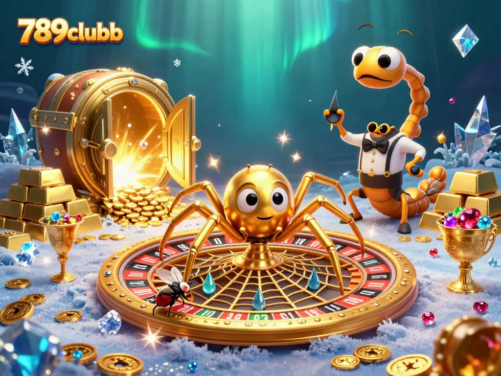 Place bets with 789clubb's golden spider and centipede croupier in a vibrant casino scene.