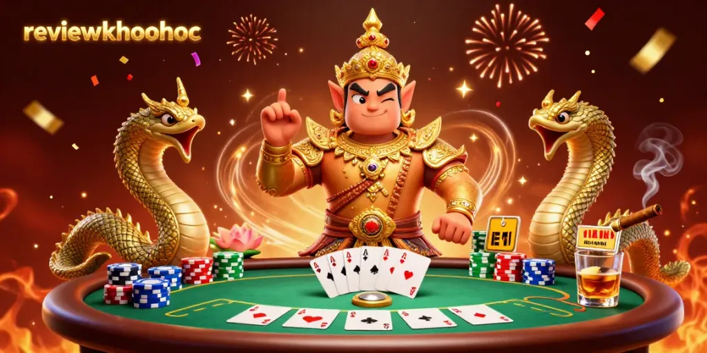 Engage with fun elements from reviewkhoahoc's casino experience featuring Thai guardian and poker accessories.