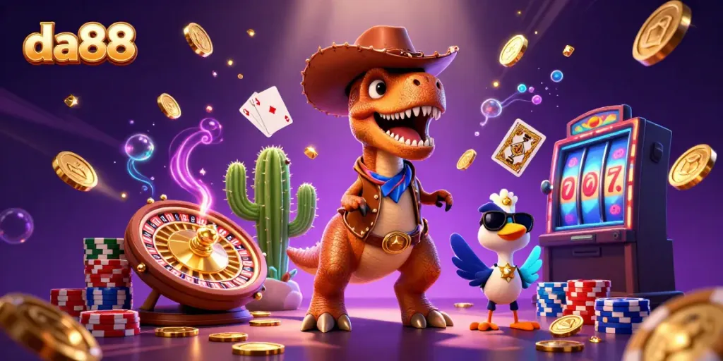Spin winning reels at da88 with a vibrant cartoon scene featuring characters and casino elements.