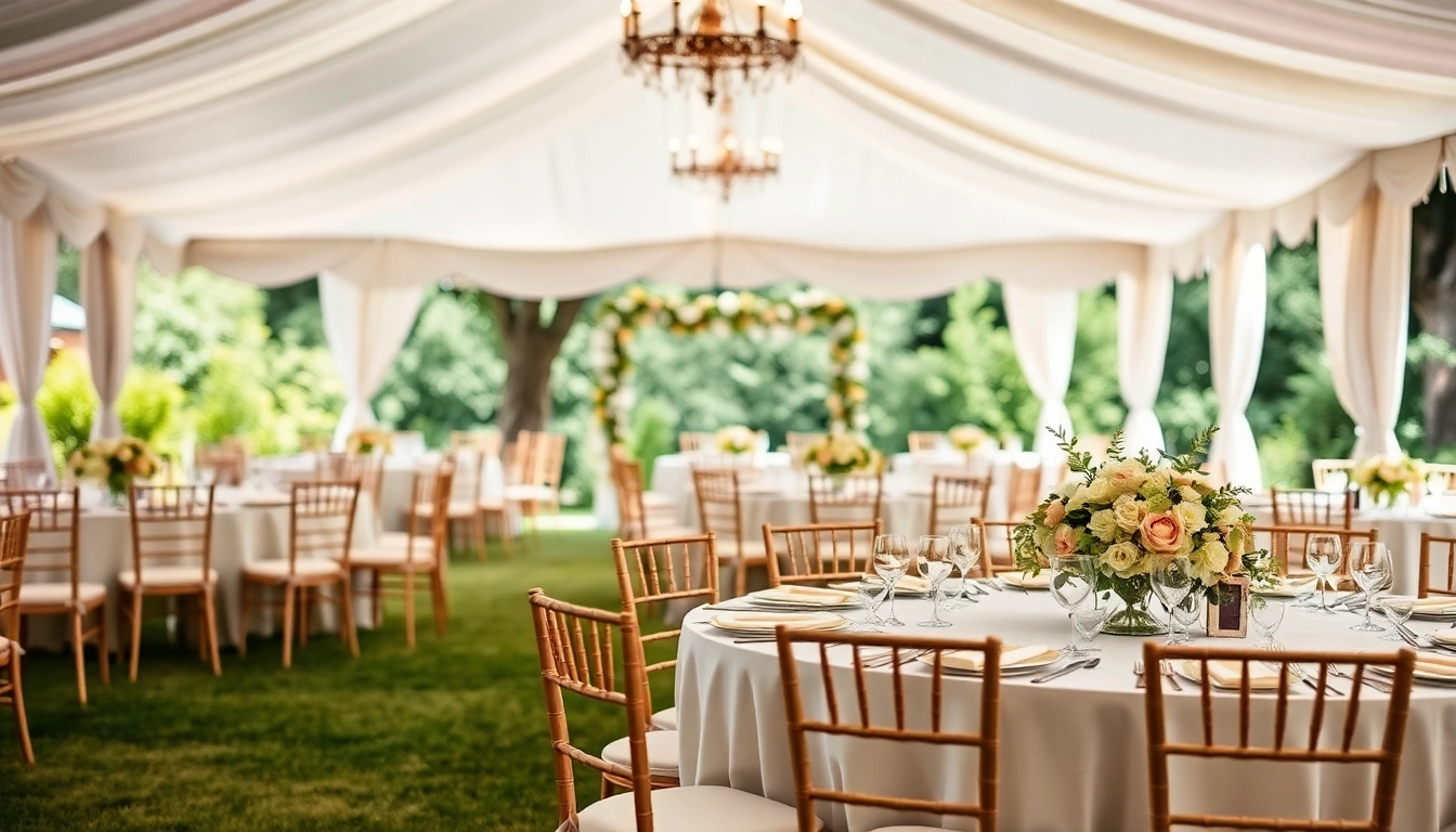 Elegant Wedding Tent Chair & Table Rentals in a picturesque outdoor setting with floral decorations.