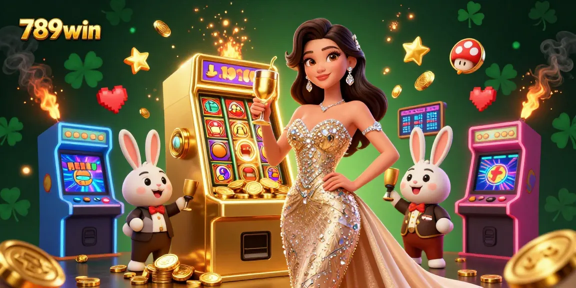 Engage in thrilling gameplay at 789win with a glamorous woman toasting beside a jackpot.