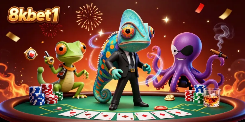 Experience thrilling moments at 8xbet1 with our exciting poker scene featuring unique characters.