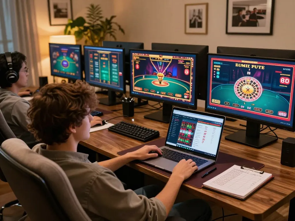 Engaging online gaming session at https://f8bet.dental/ showing various casino games on screens with strategic elements.