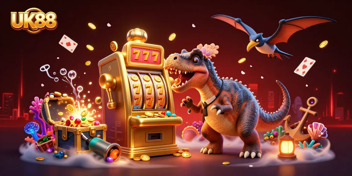 UK88 casino scene with a dinosaur headbutting a slot machine and coins flying
