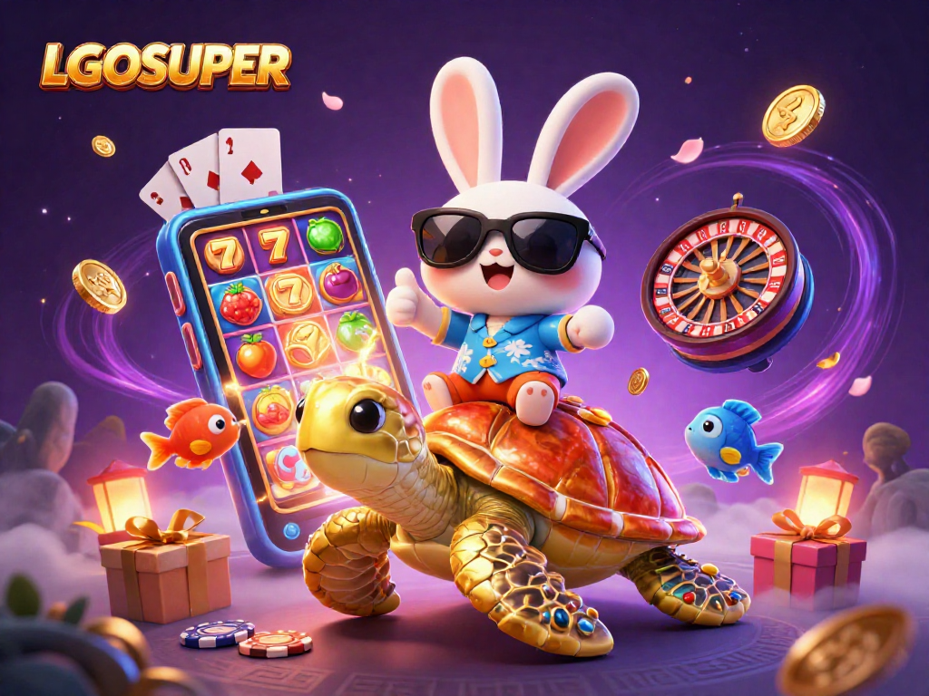 Play thrilling games with LGOSUPER as the lucky rabbit rides a golden sea turtle in a vibrant casino world.
