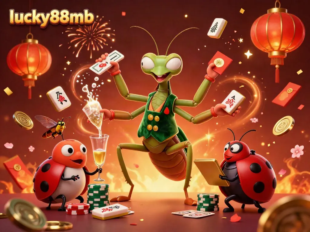 Experience the thrill of gambling with lucky88mb, featuring a giant praying mantis card sharp dealing cards amidst festive elements.