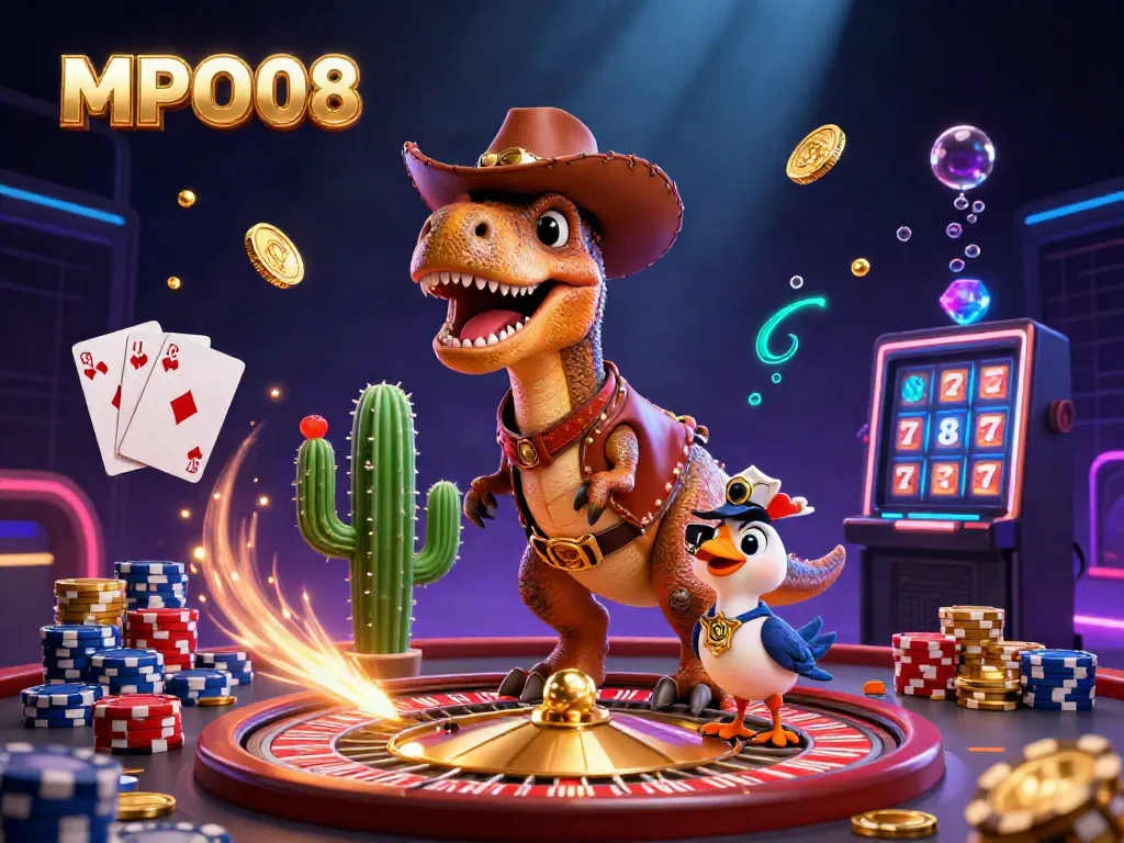 Engage in thrilling games at MPO08 with a vibrant casino scene featuring a T-Rex, cactus, and roadrunner.