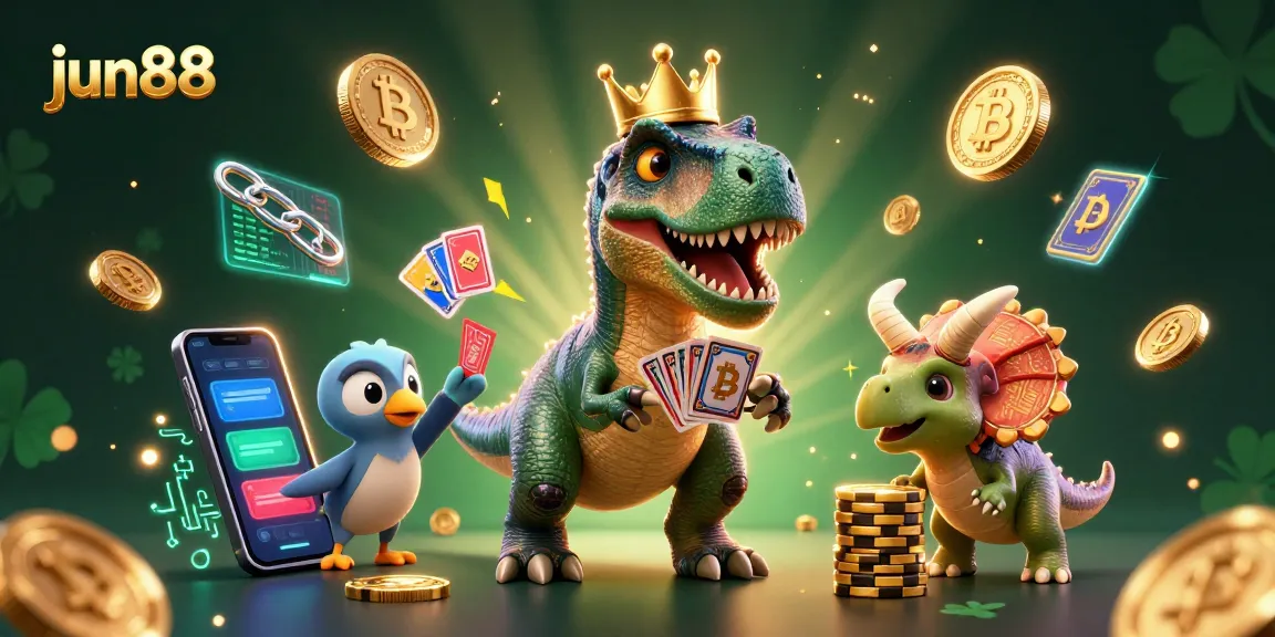 jun88 players enjoy a vibrant casino scene with friendly characters and cryptocurrency elements in a dynamic atmosphere