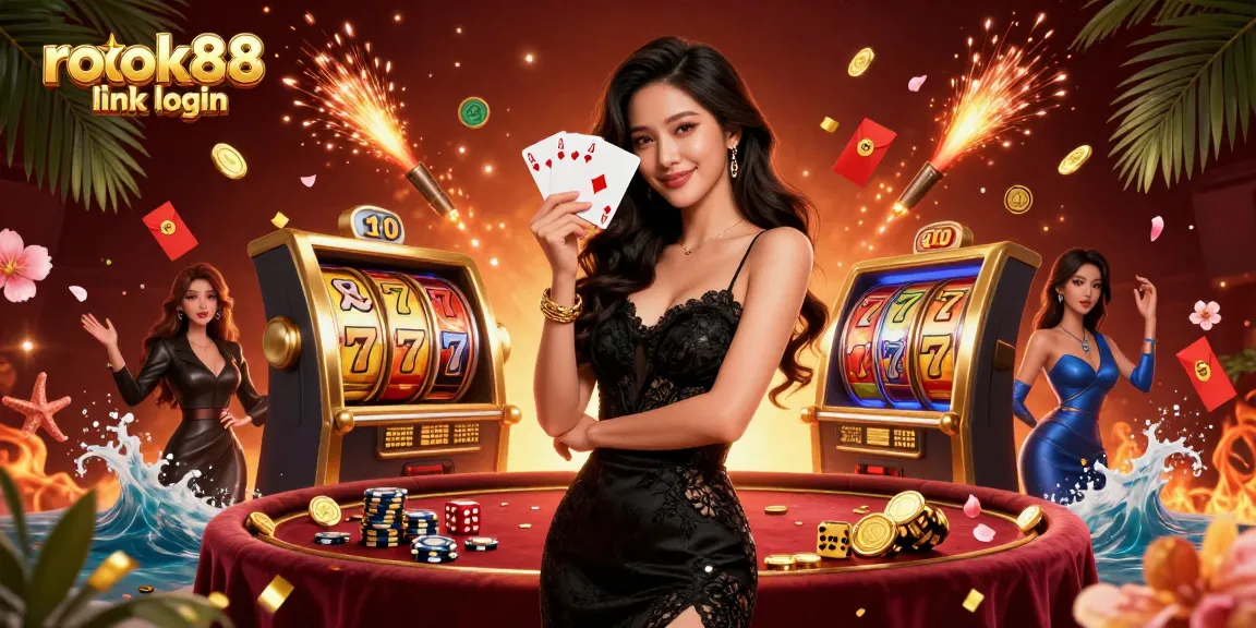 Experience the thrill of rokok88 link login with an elegant woman holding poker cards, casino elements abound.