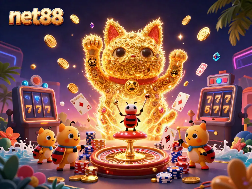Experience the excitement of net88 with a vibrant 3D scene featuring lucky symbols, casino elements, and animated fireflies.