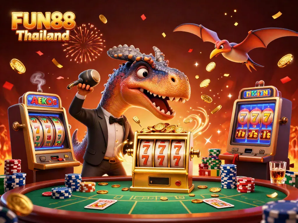 Experience thrilling FUN88 Thailand vibes with a pachycephalosaurus winning jackpot coins at a casino!