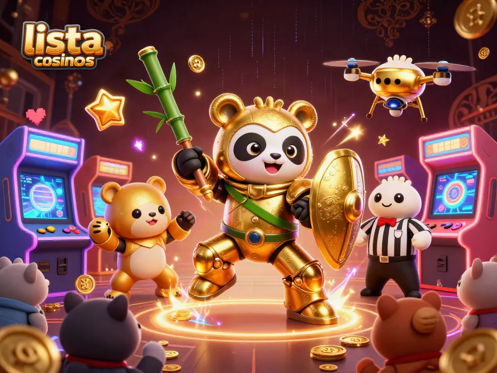 Ilustración de juegos con la lista casinos online y un panda dorado en un robot de combate