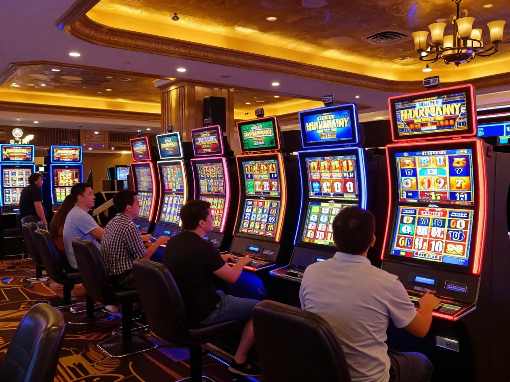 Slot gacor maxwin players engaged at vibrant slot machines, strategic gameplay in a lively casino.