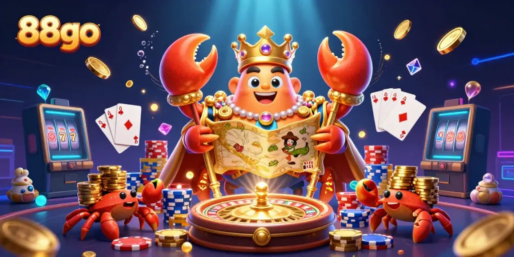 88go showcases an exciting underwater casino scene with a golden crab emperor amid thrilling game elements.