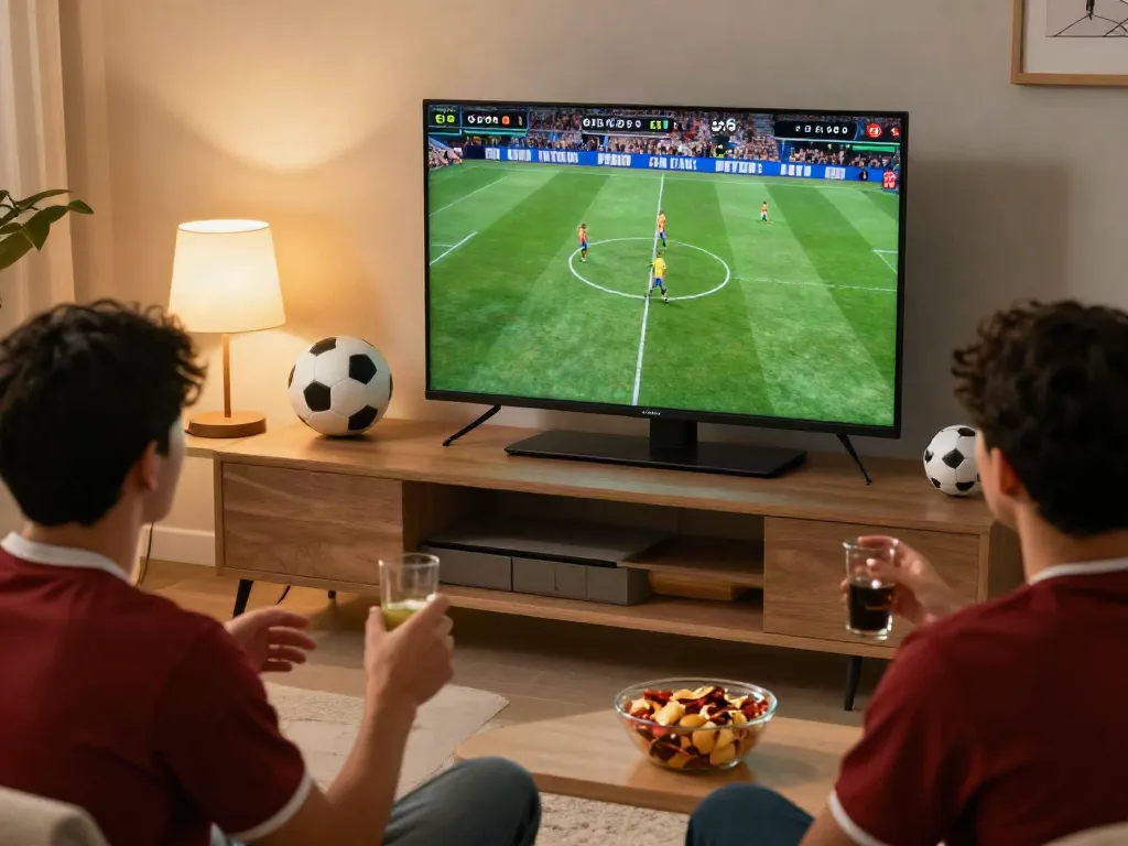 Sports fans enjoying live football match at home via https://gavangtv.life/ with snacks and memorabilia.